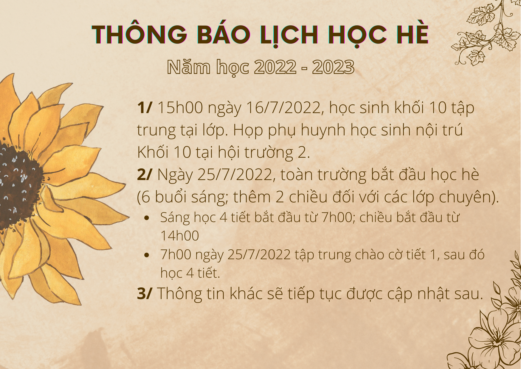 Thông báo lịch học hè năm học 2022 - 2023